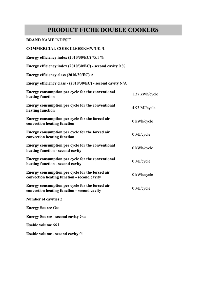 Page 1 de la notice Fiche technique Indesit ID5G00KMW/UK