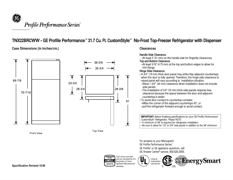 Page 1 de la notice Fiche technique GE Profile Performance TNX22BRCLWW