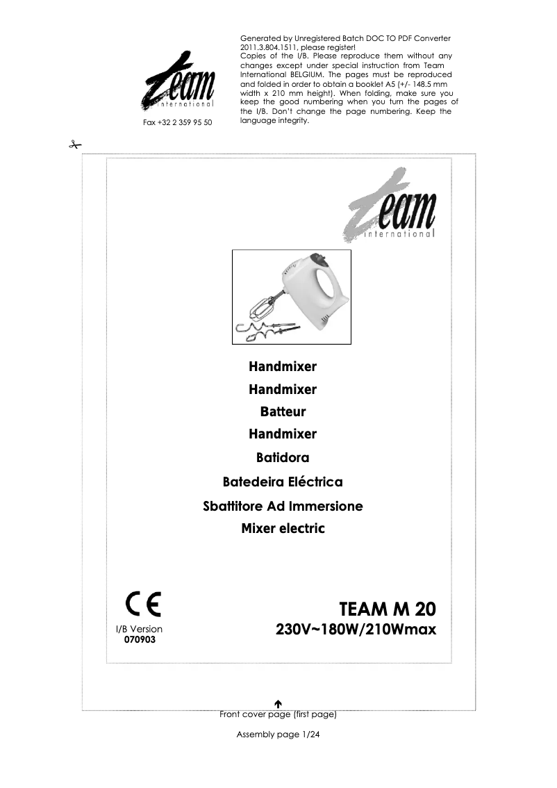 Page 1 de la notice Manuel utilisateur Team M 20