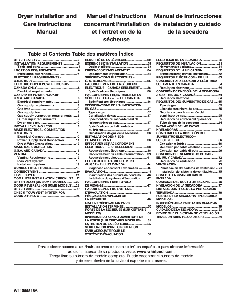 Page 1 de la notice Informations de garantie Whirlpool YWED7120HC
