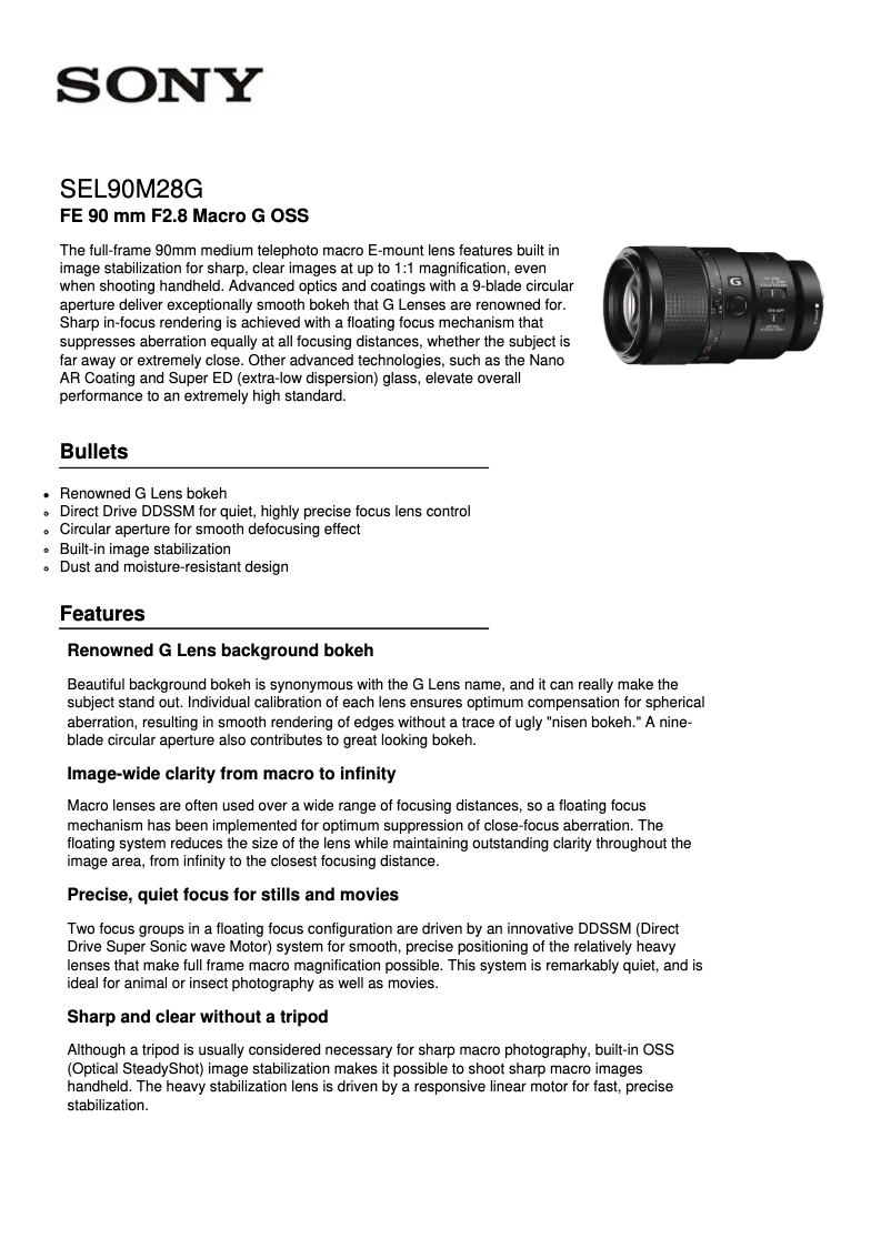 Page 1 de la notice Fiche technique Sony SEL90M28G