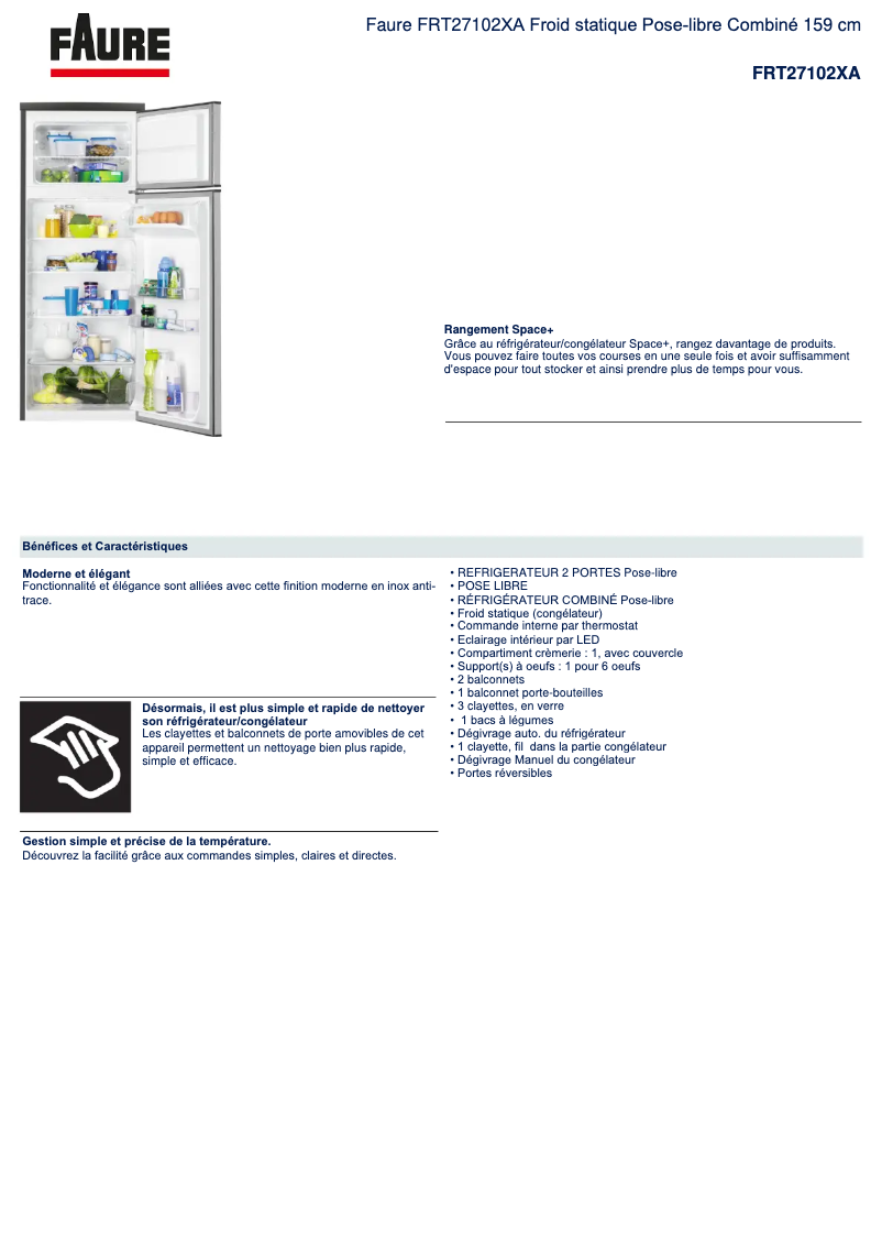 Page 1 de la notice Fiche technique Faure FRT27102XA