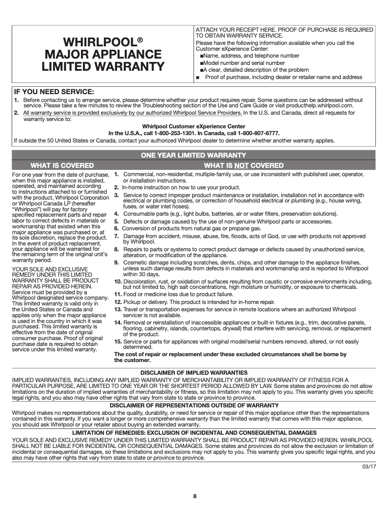 Page 1 de la notice Informations de garantie Whirlpool WRS555SIHZ