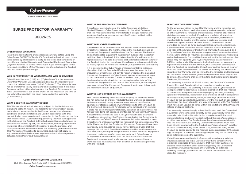 Page n°1 - Informations de garantie CyberPower B602RC5