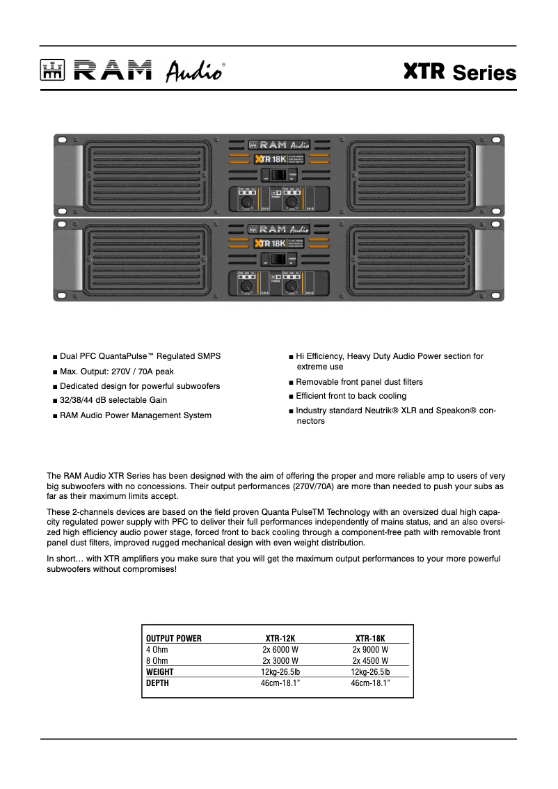 Page n°1 - Fiche technique Ram Audio XTR-18K