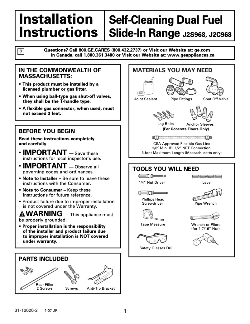 Page n°1 - Guide d'installation GE Profile J2S968KEKCC