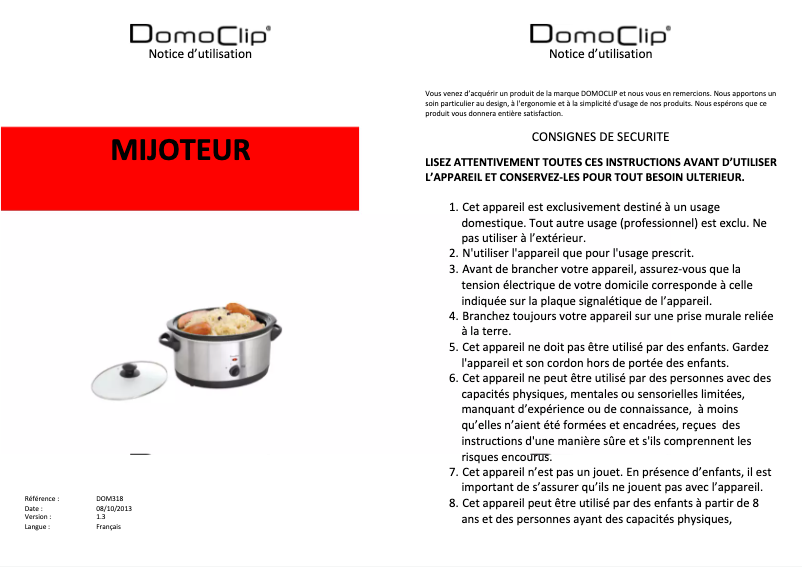 Page 1 de la notice Manuel utilisateur Domoclip DOM318