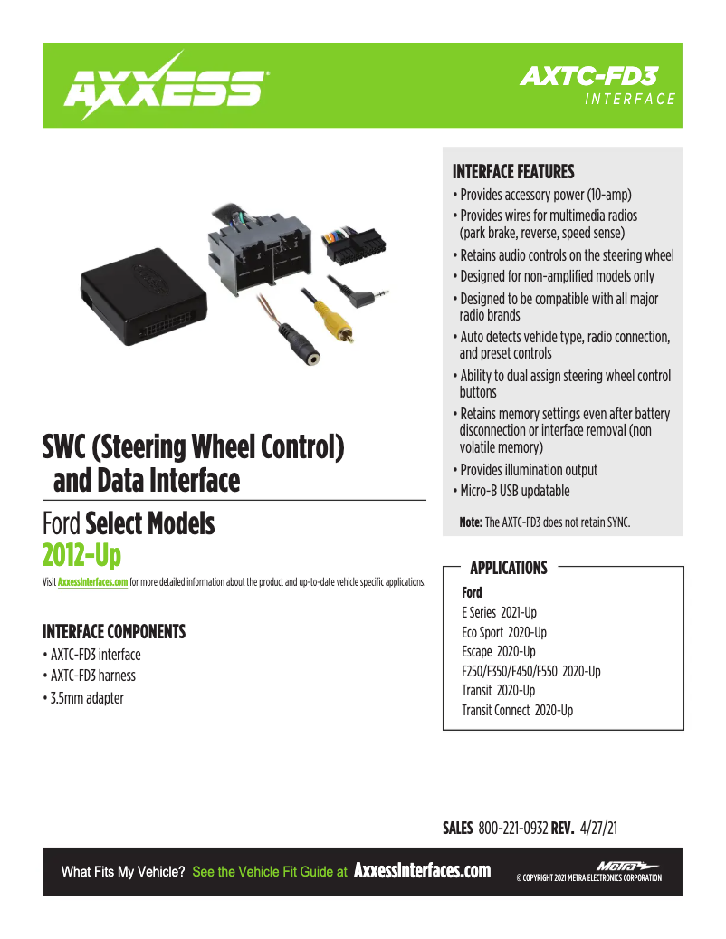 Page 1 of the manual Technical Sheet Metra AXTC-FD3