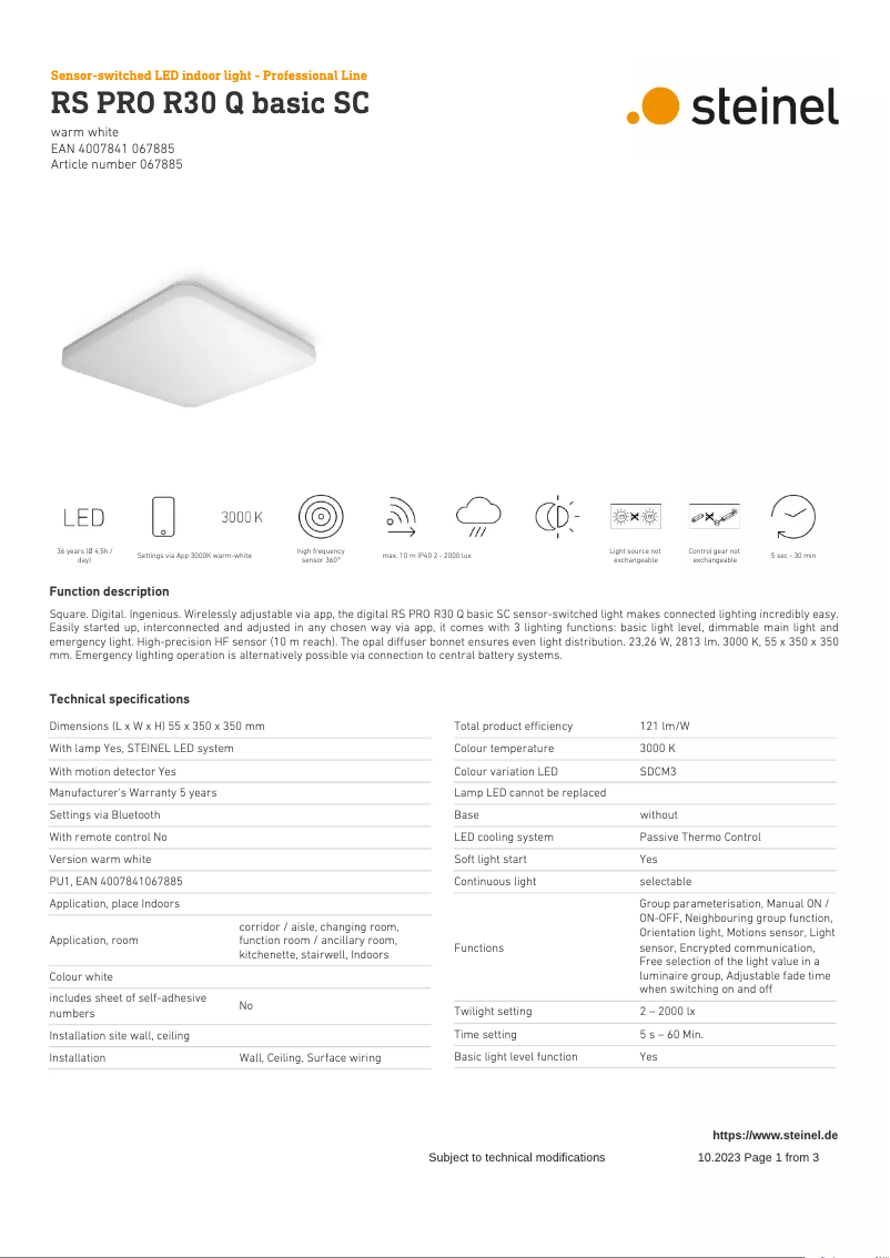 Page 1 de la notice Fiche technique Steinel RS PRO R30 Q Basic SC