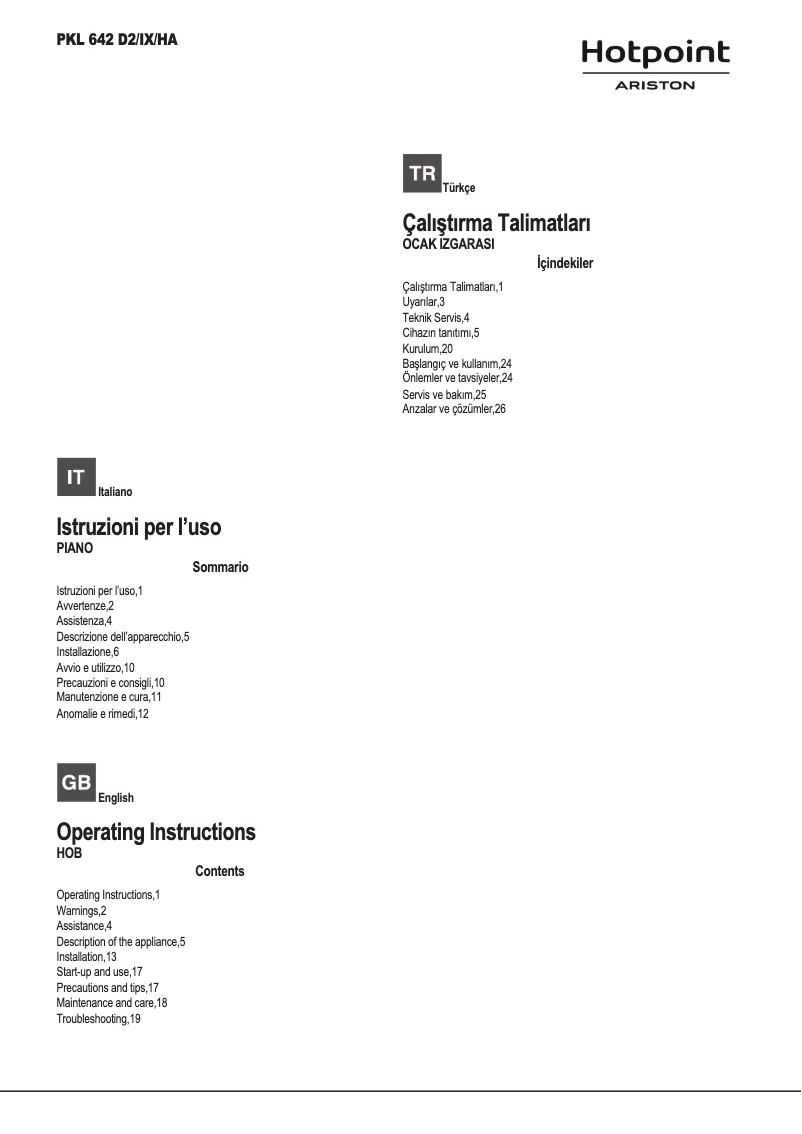 Page 1 de la notice Manuel utilisateur Hotpoint Ariston PKL 642 D2/IX/HA