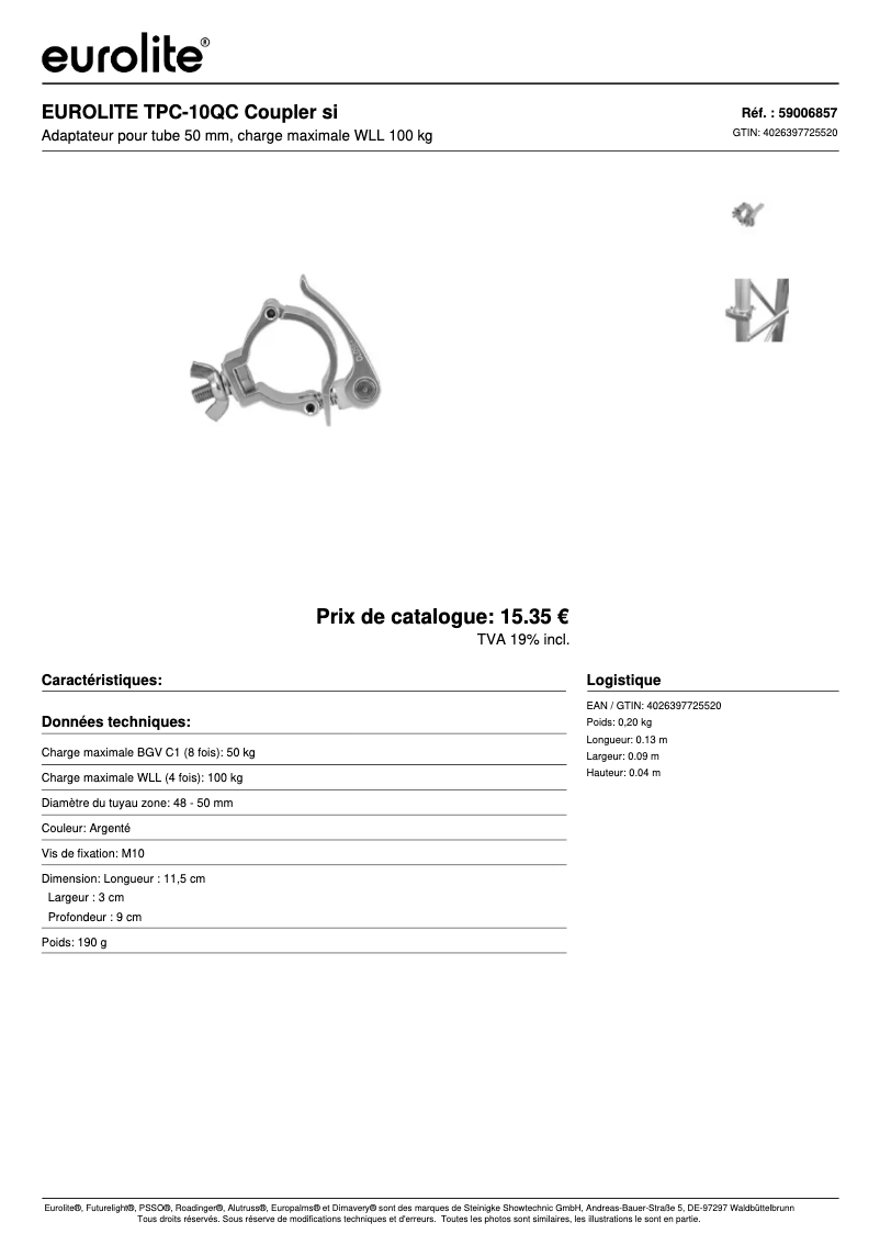 Page 1 de la notice Fiche technique Eurolite TPC-10QC
