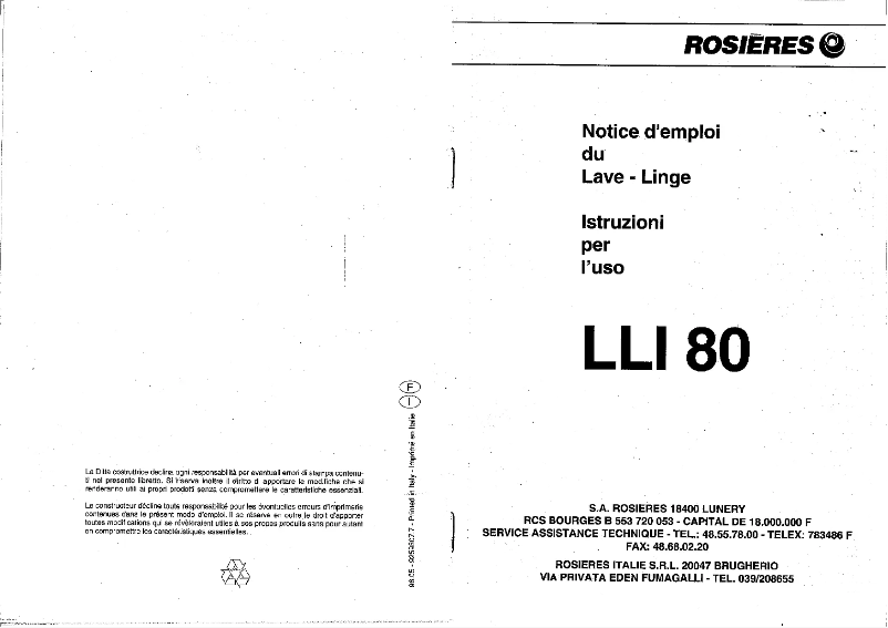 Page 1 de la notice Manuel utilisateur Rosieres LLI 80 FR