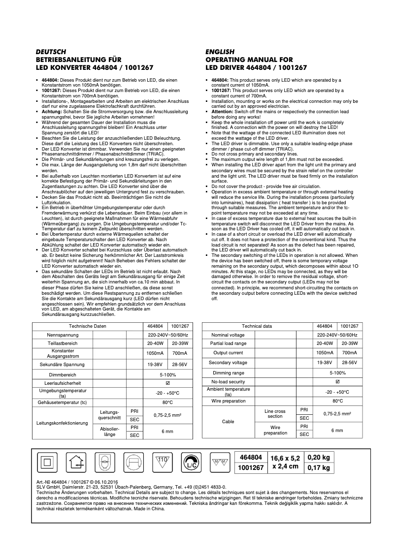 Page n°1 - Manuel utilisateur SLV 1001267