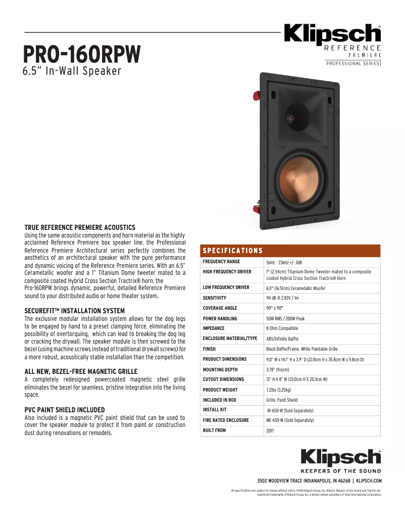 Page 1 de la notice Manuel utilisateur Klipsch PRO-160RPW