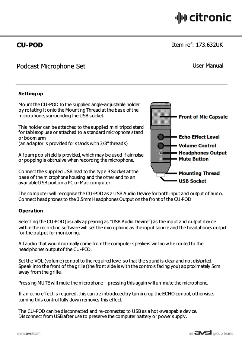 Page n°1 - Manuel utilisateur Citronic CU-POD