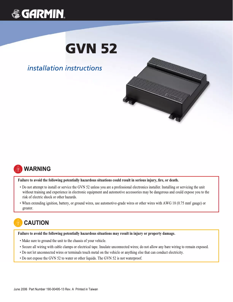 Page 1 de la notice Guide d'installation Garmin GVN 52