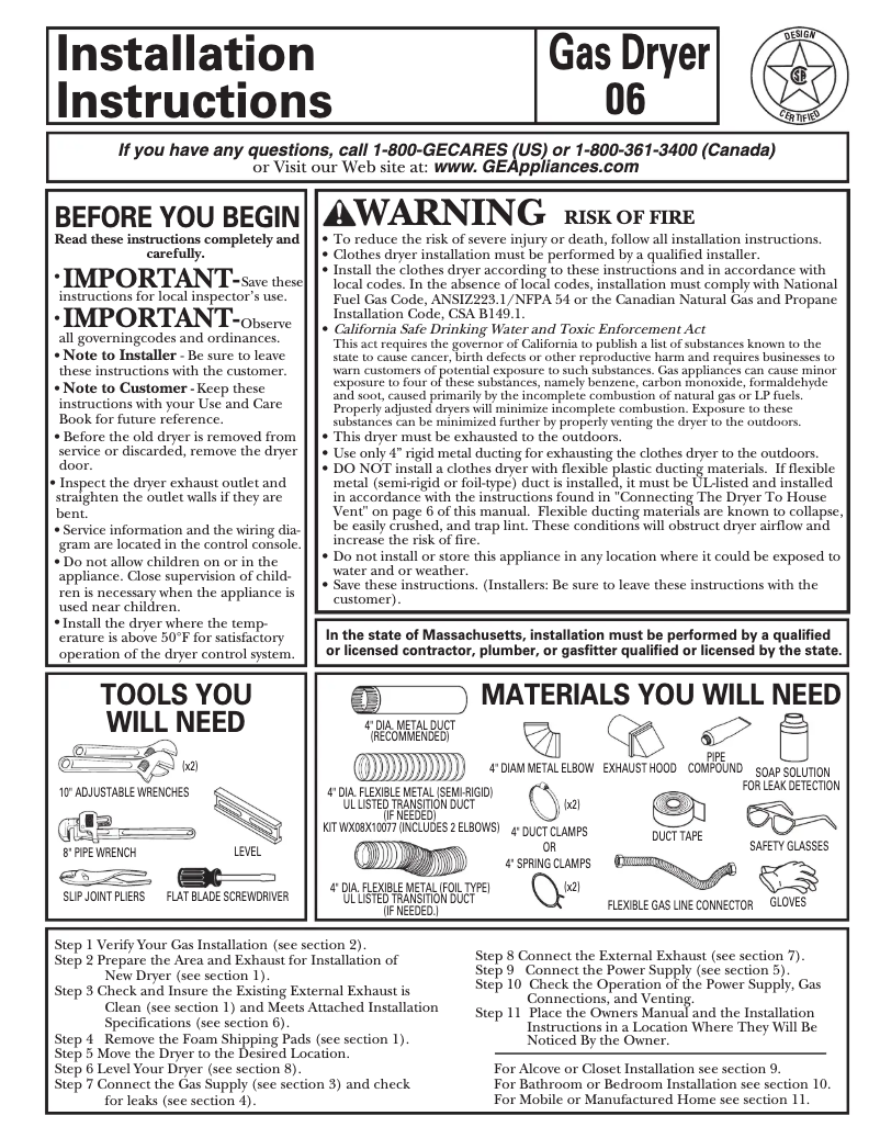 Page n°1 - Guide d'installation GE DWXR463GGWW