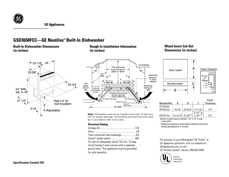 Page 1 de la notice Fiche technique GE GSD3650FCC