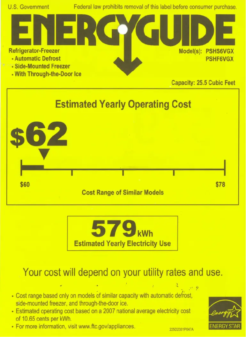 Página 1 del manual Etiqueta energética GE PSHF6VGXWW
