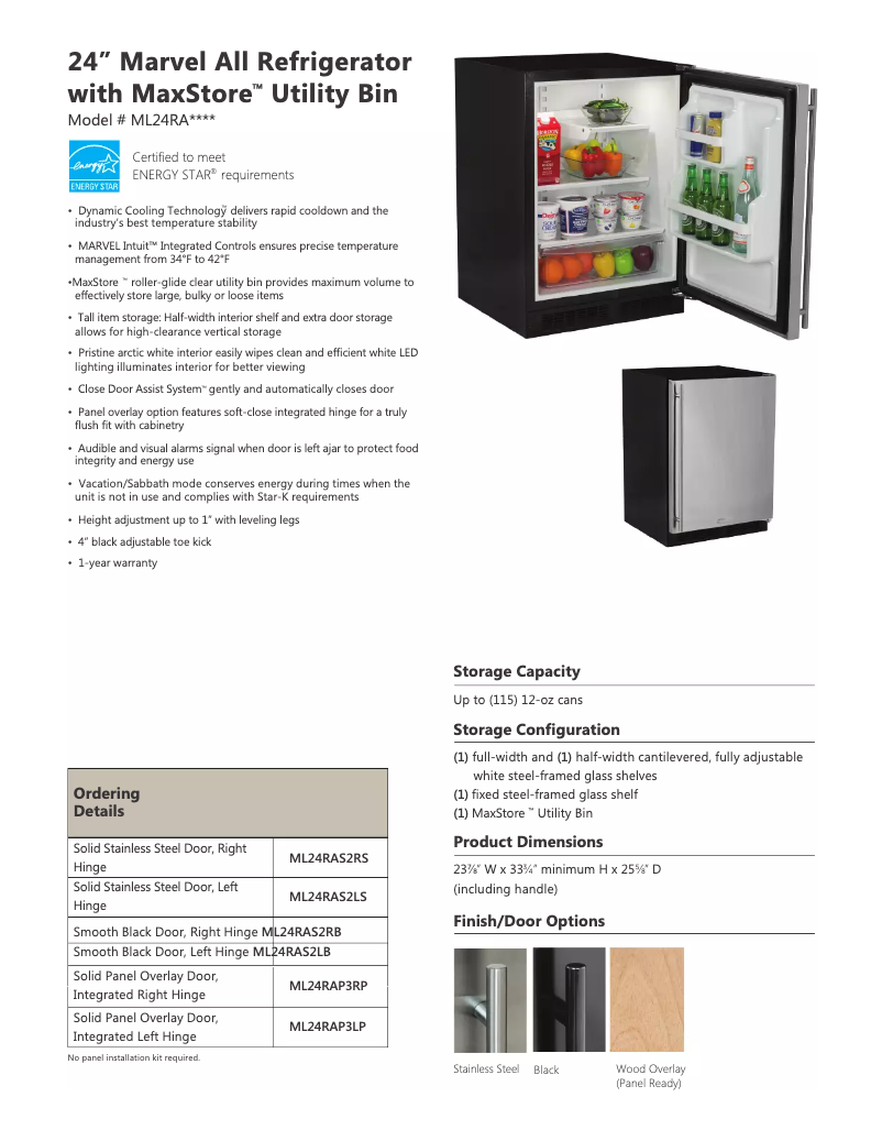 Page 1 de la notice Fiche technique Marvel ML24RAS2LB