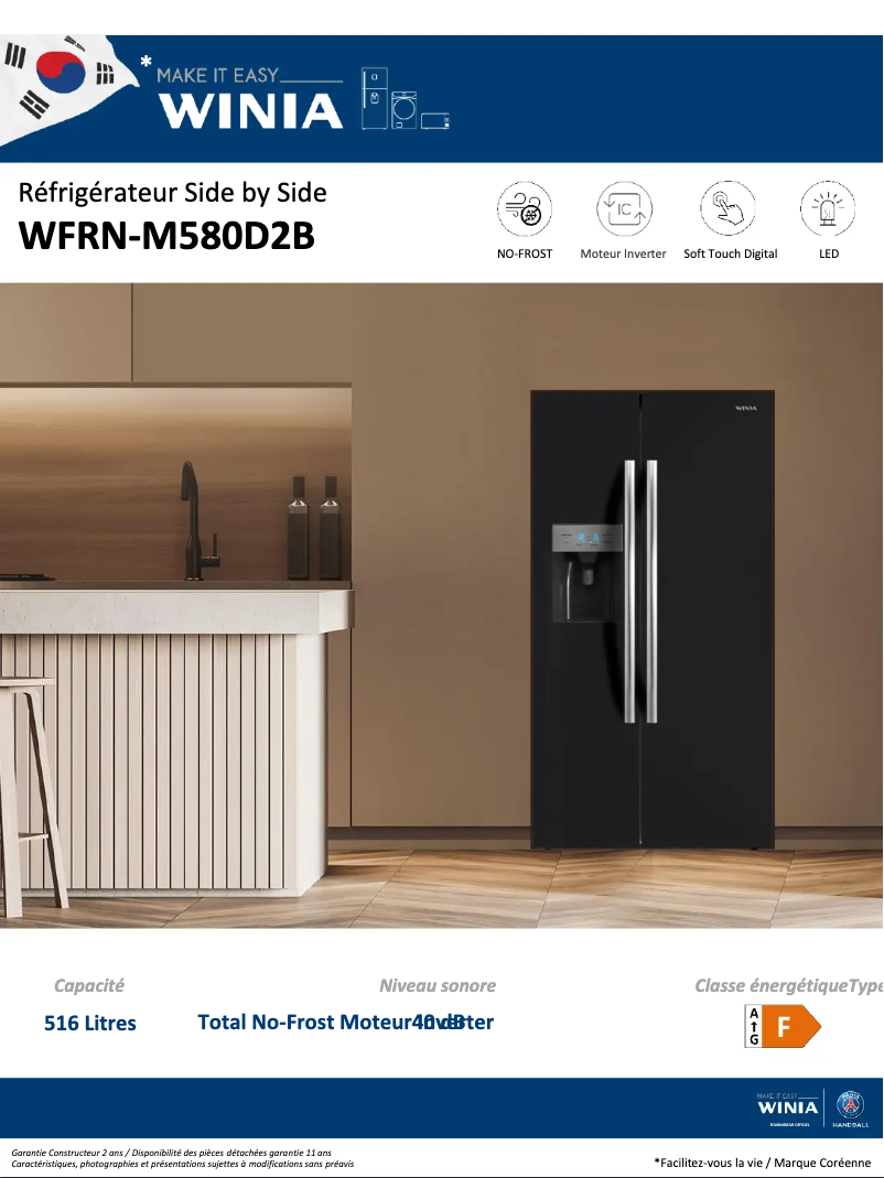 Page 1 de la notice Fiche technique Winia WFRN-M580D2B