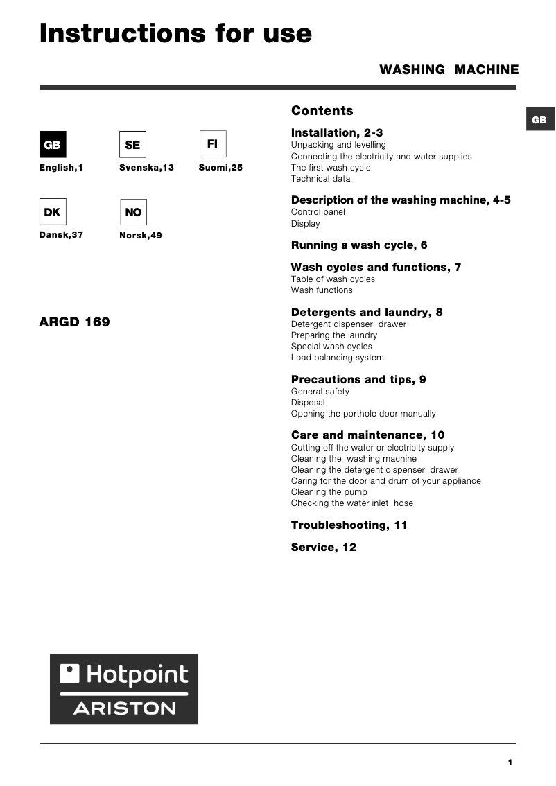 Page n°1 - Manuel utilisateur Hotpoint Ariston ARGD 169