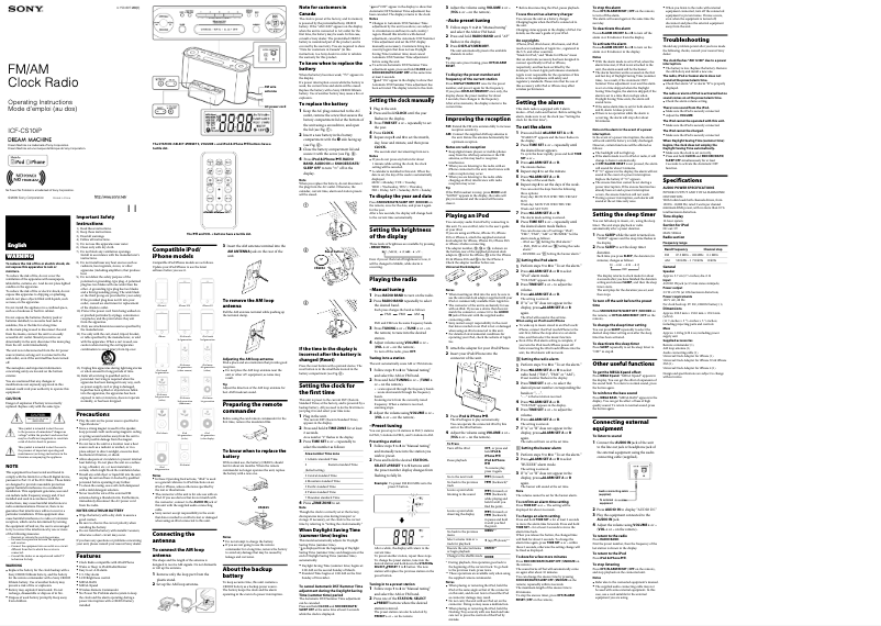 Image de la première page du manuel de l'appareil ICF-CS10iP
