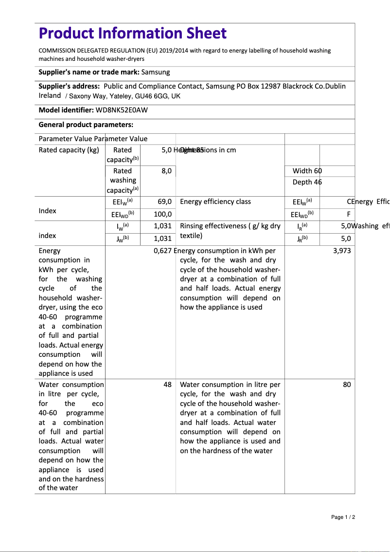 Page 1 de la notice Fiche technique Samsung WD8NK52E0AW