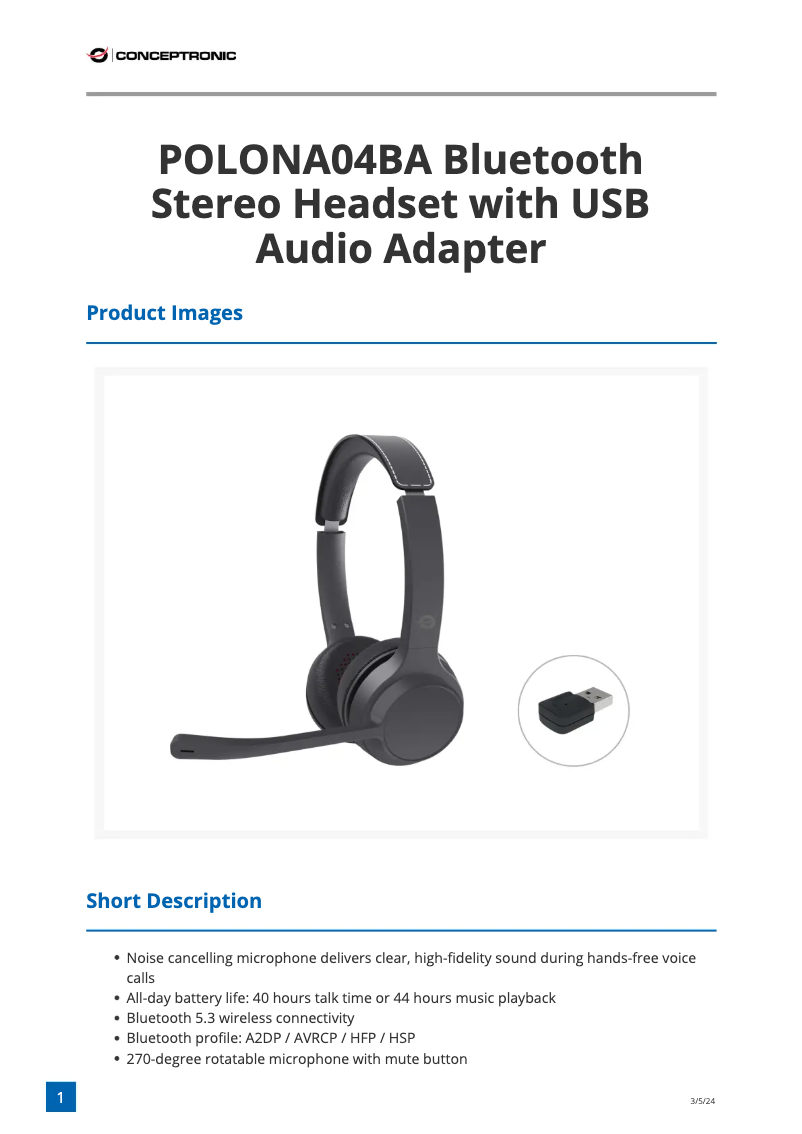 Page 1 de la notice Fiche technique Conceptronic POLONA04BA