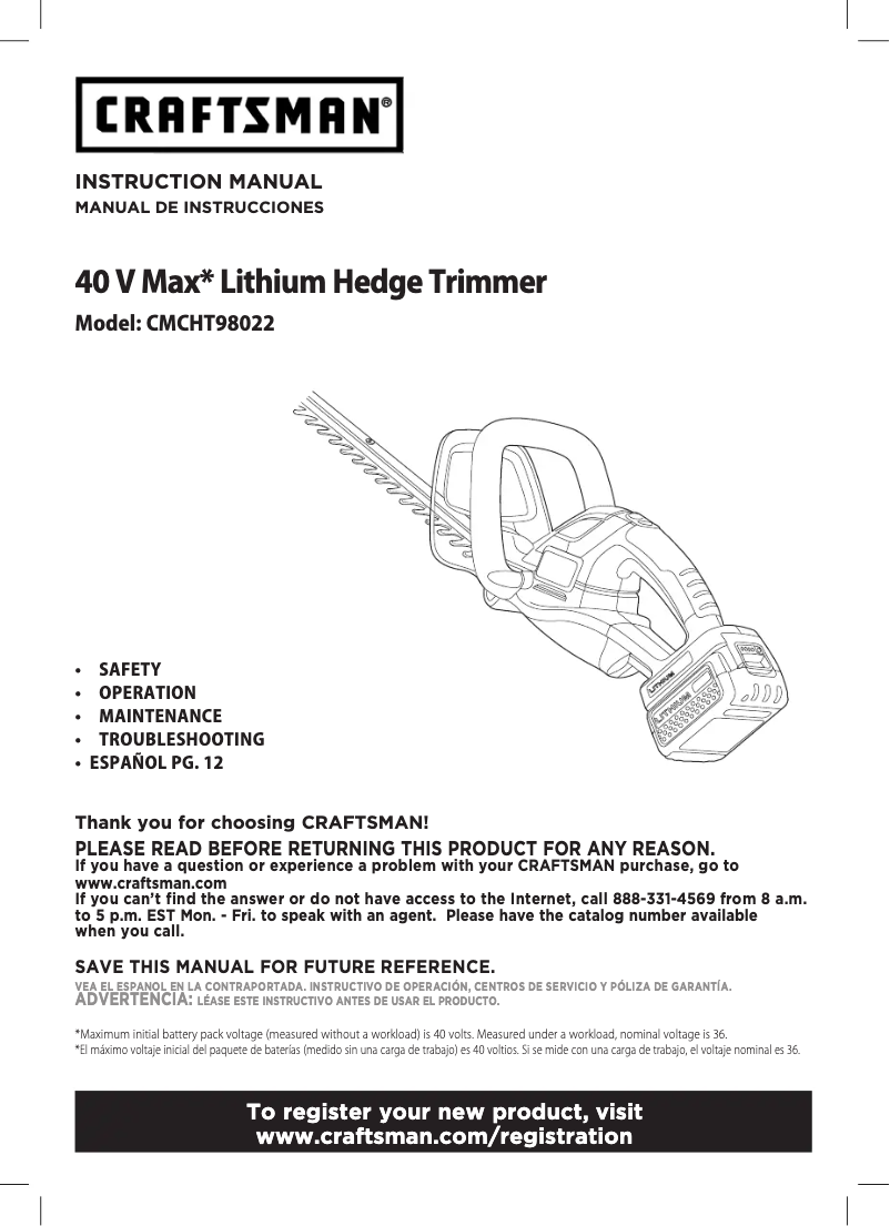 Page 1 de la notice Manuel utilisateur Craftsman CMCHT98022D1