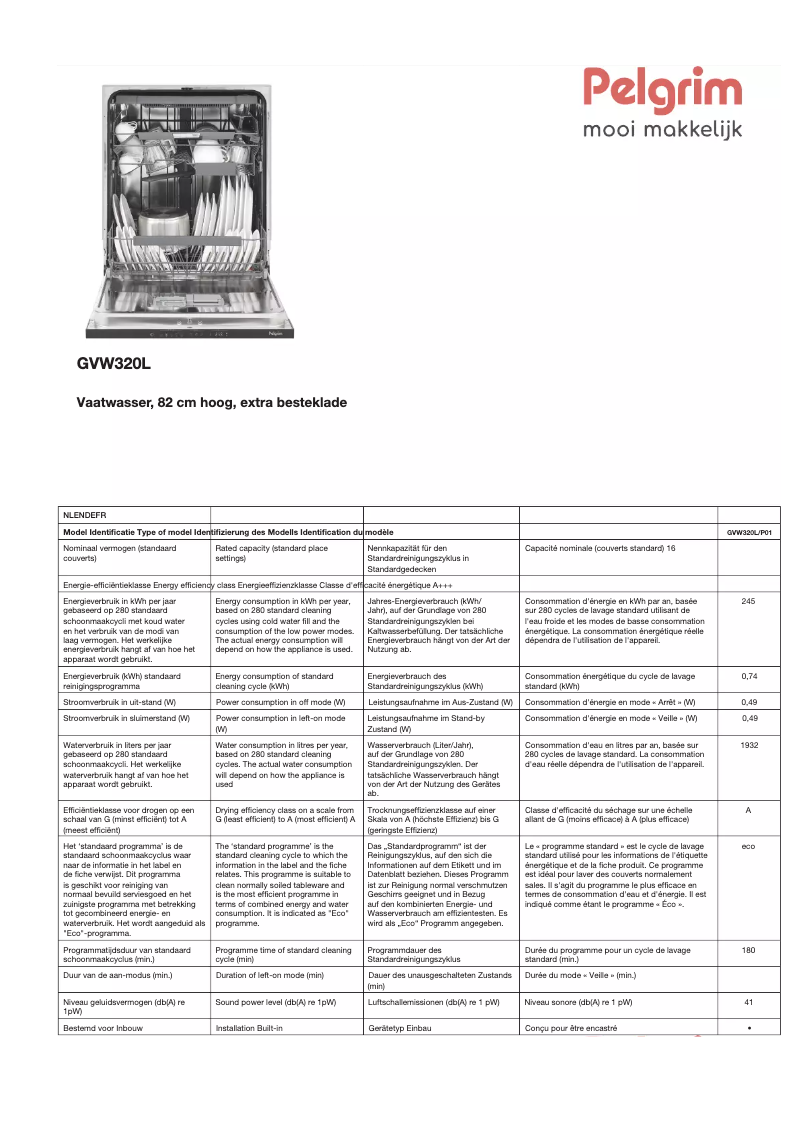 Page 1 de la notice Fiche technique Pelgrim GVW320L
