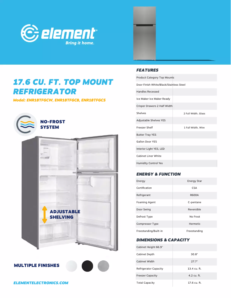 Page 1 de la notice Fiche technique Element ENR18TFGCW