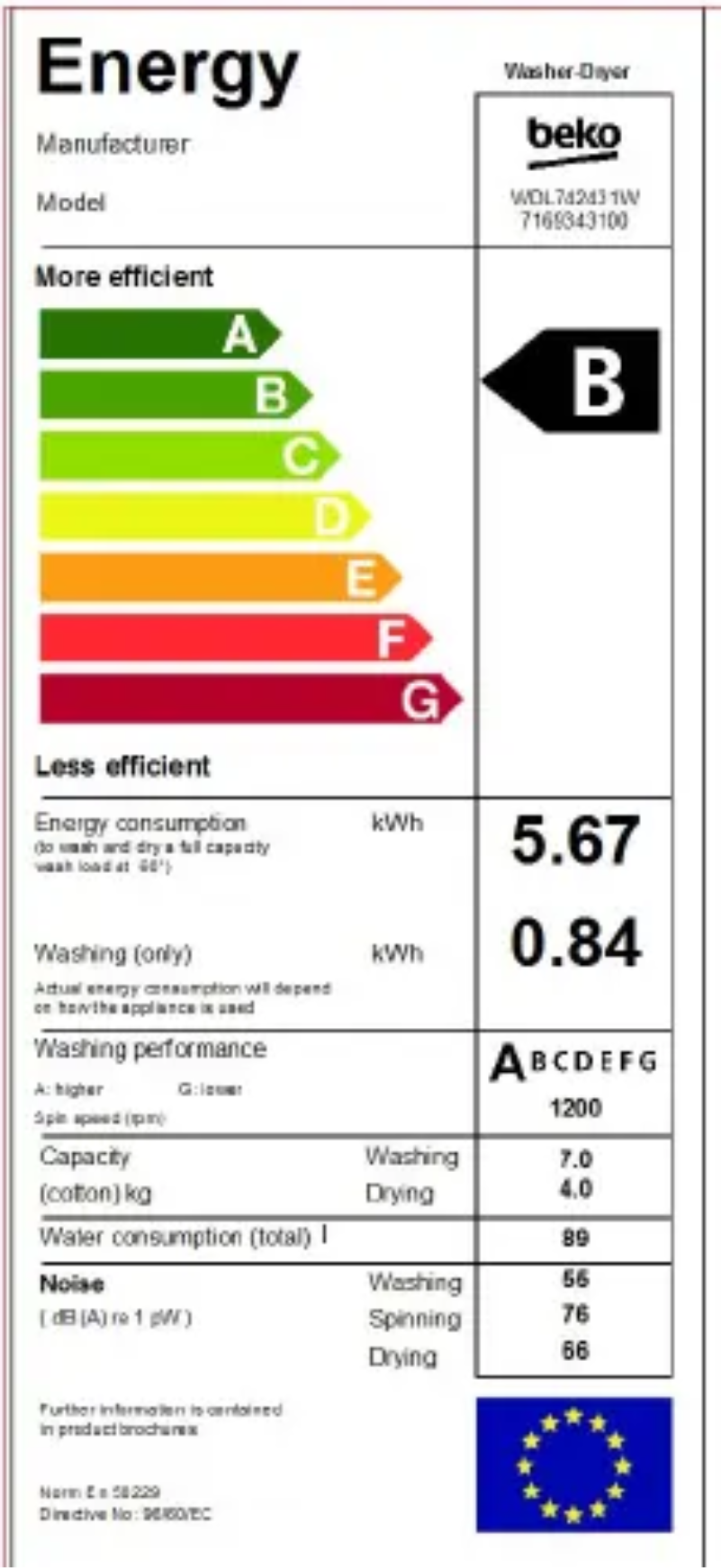 Page 1 de la notice Label énergétique Beko WDL742431