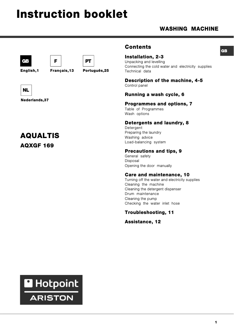 Page 1 de la notice Manuel utilisateur Hotpoint Ariston AQXGF 169