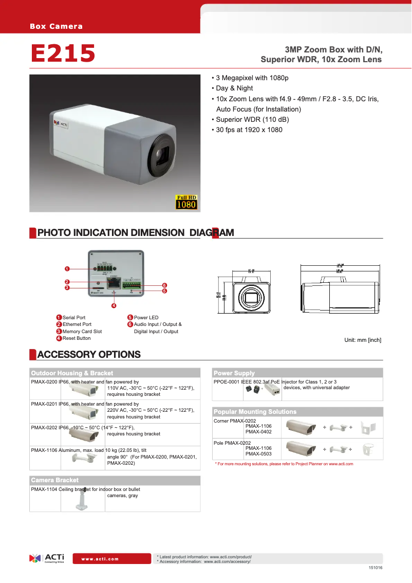 Page 1 de la notice Fiche technique ACTi E215
