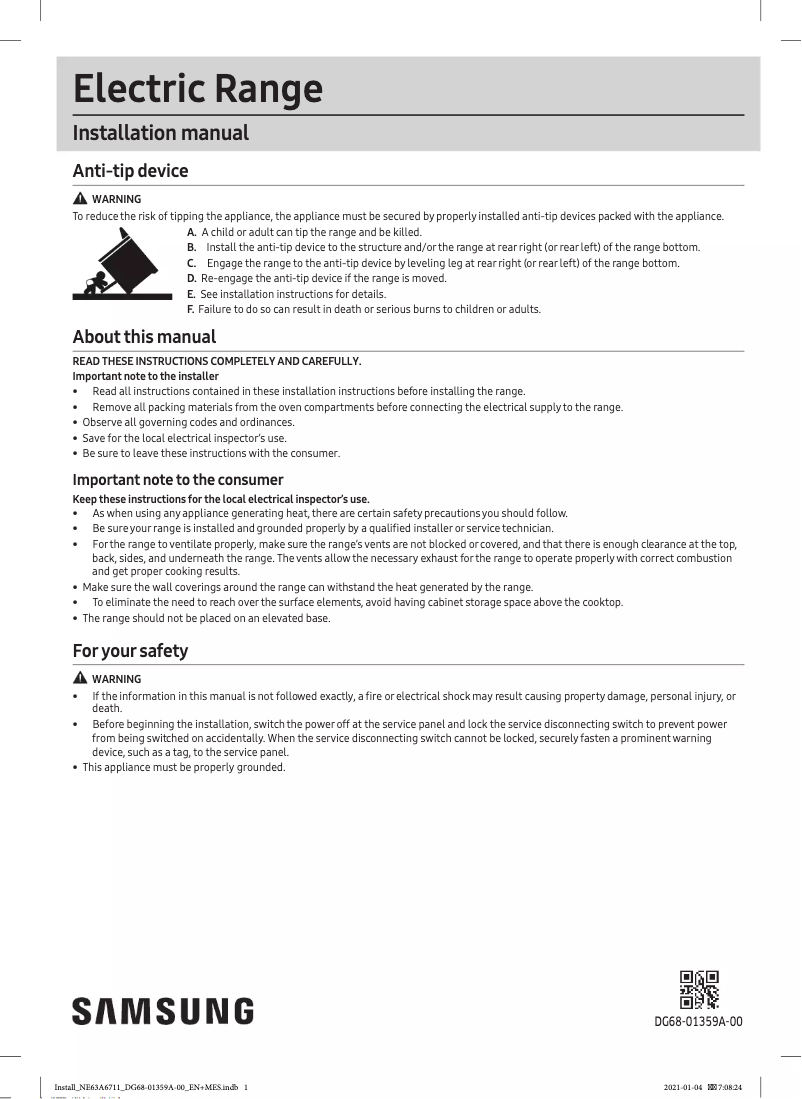 Page 1 de la notice Guide d'installation Samsung NE63A6511SG