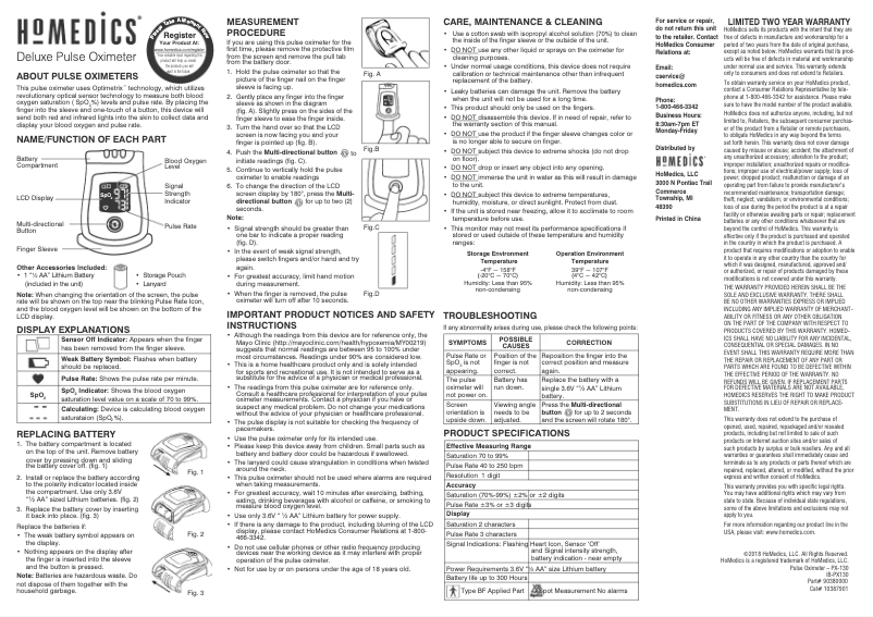 Page n°1 - Manuel utilisateur Homedics Deluxe Pulse Oximeter PX-130