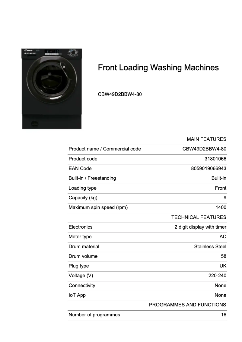 Page 1 de la notice Fiche technique Candy CBW49D2BBW4-80