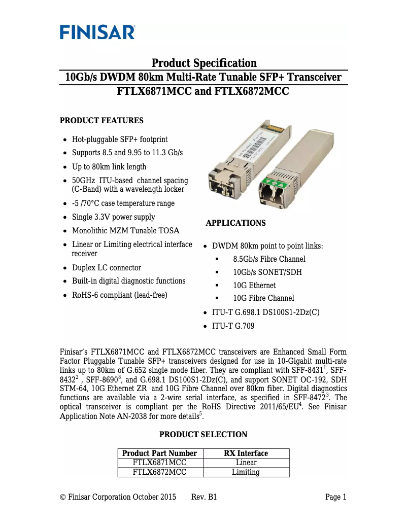 Page n°1 - Manuel utilisateur Finisar FTLX6872MCC