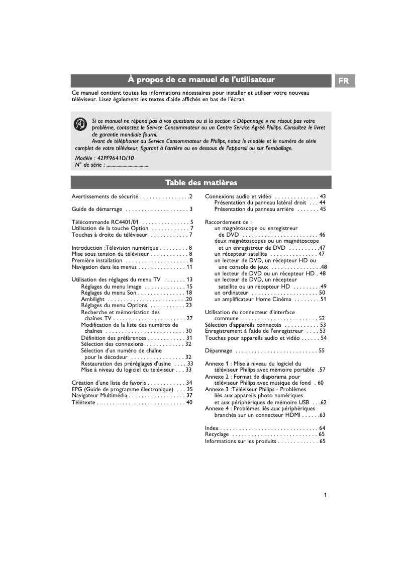 Image de la première page du manuel de l'appareil 42PF7641D
