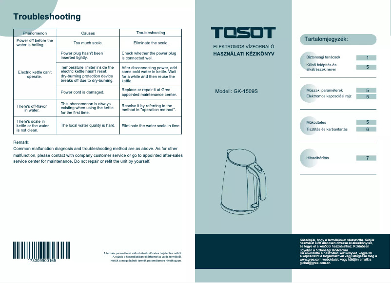 Page n°1 - Manuel utilisateur TOSOT GK-1509S
