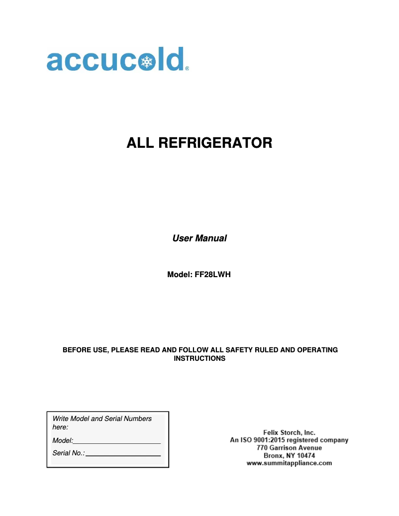 Page n°1 - Manuel d'utilisation et d'entretien Accucold FF28LWH