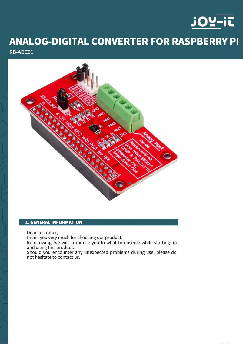 Page n°1 - Manuel utilisateur Joy-It RB-ADC01