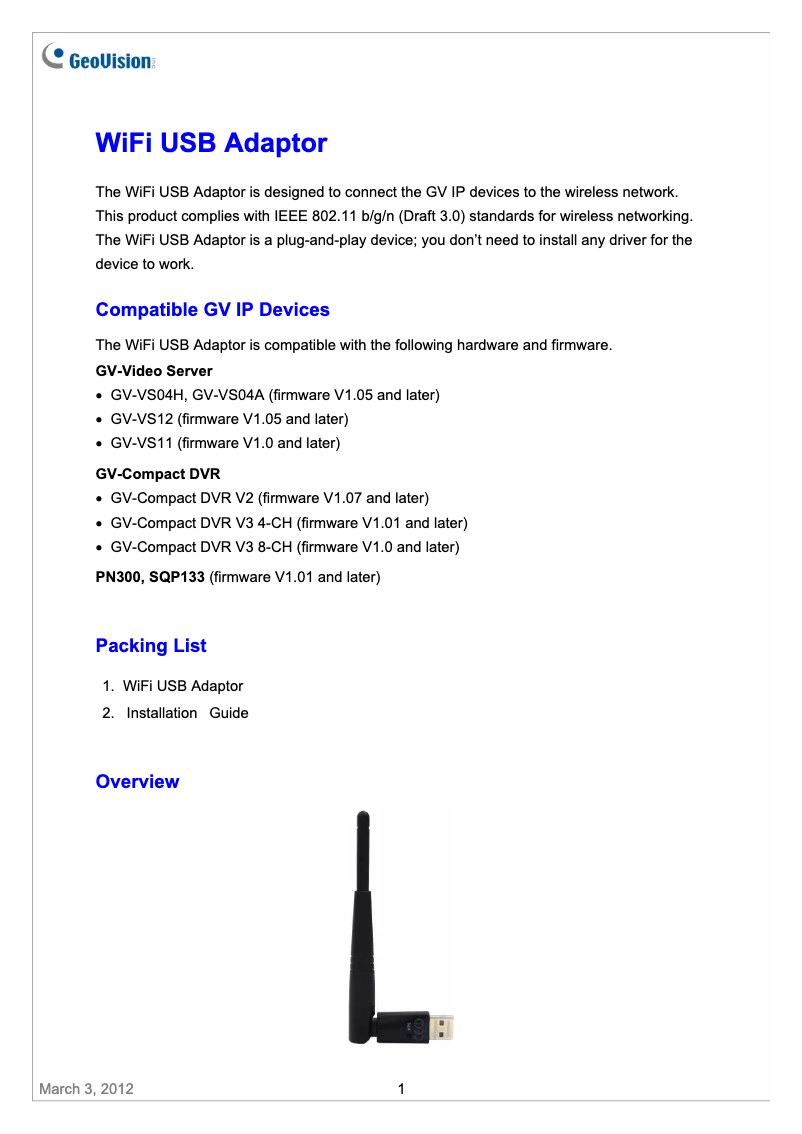 Page 1 de la notice Manuel utilisateur Geovision WiFi USB Adapter