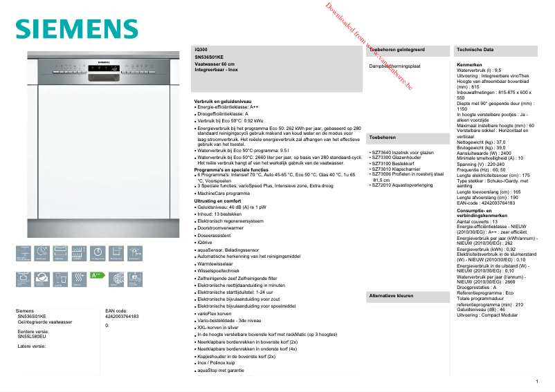 Page 1 de la notice Manuel utilisateur Siemens SN536S01KE