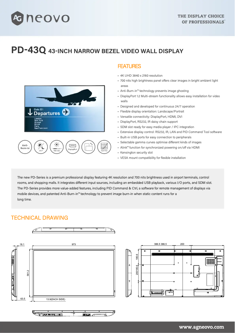 Page 1 de la notice Fiche technique AG Neovo PD-43Q
