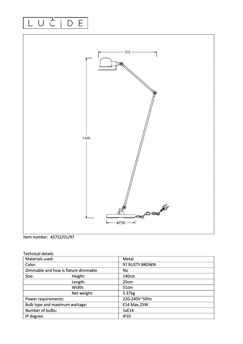 Page 1 de la notice Manuel utilisateur Lucide Honore 45752/01/97