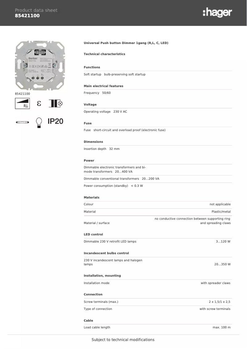 Page 1 de la notice Fiche technique Hager 85421100