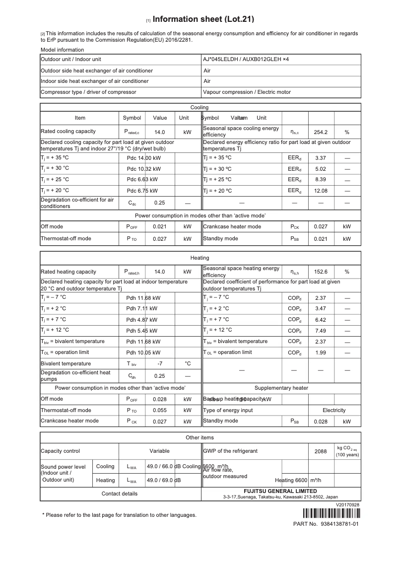 Page 1 de la notice Fiche technique Fujitsu Airstage AJH045LELDH