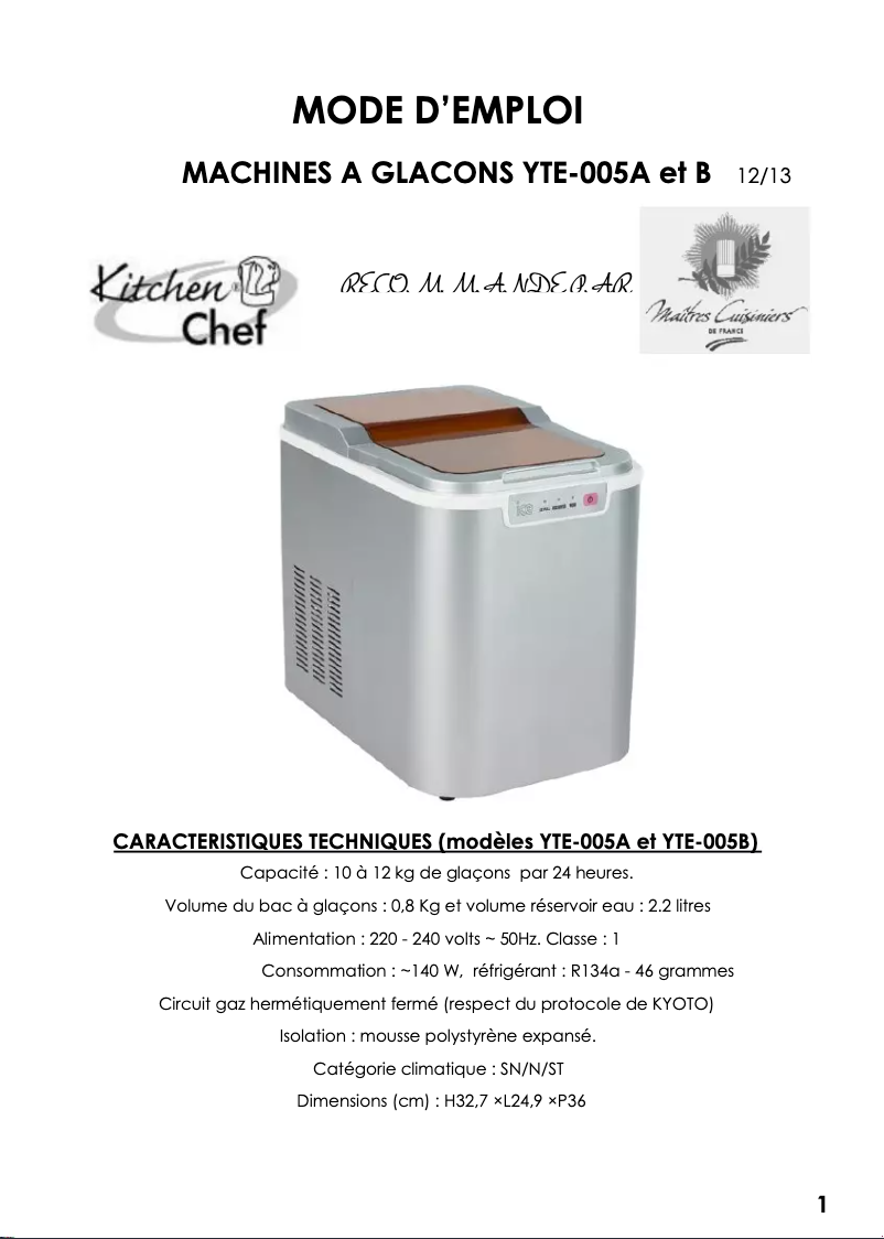 Page n°1 - Manuel utilisateur Kitchen Chef YTE-005A